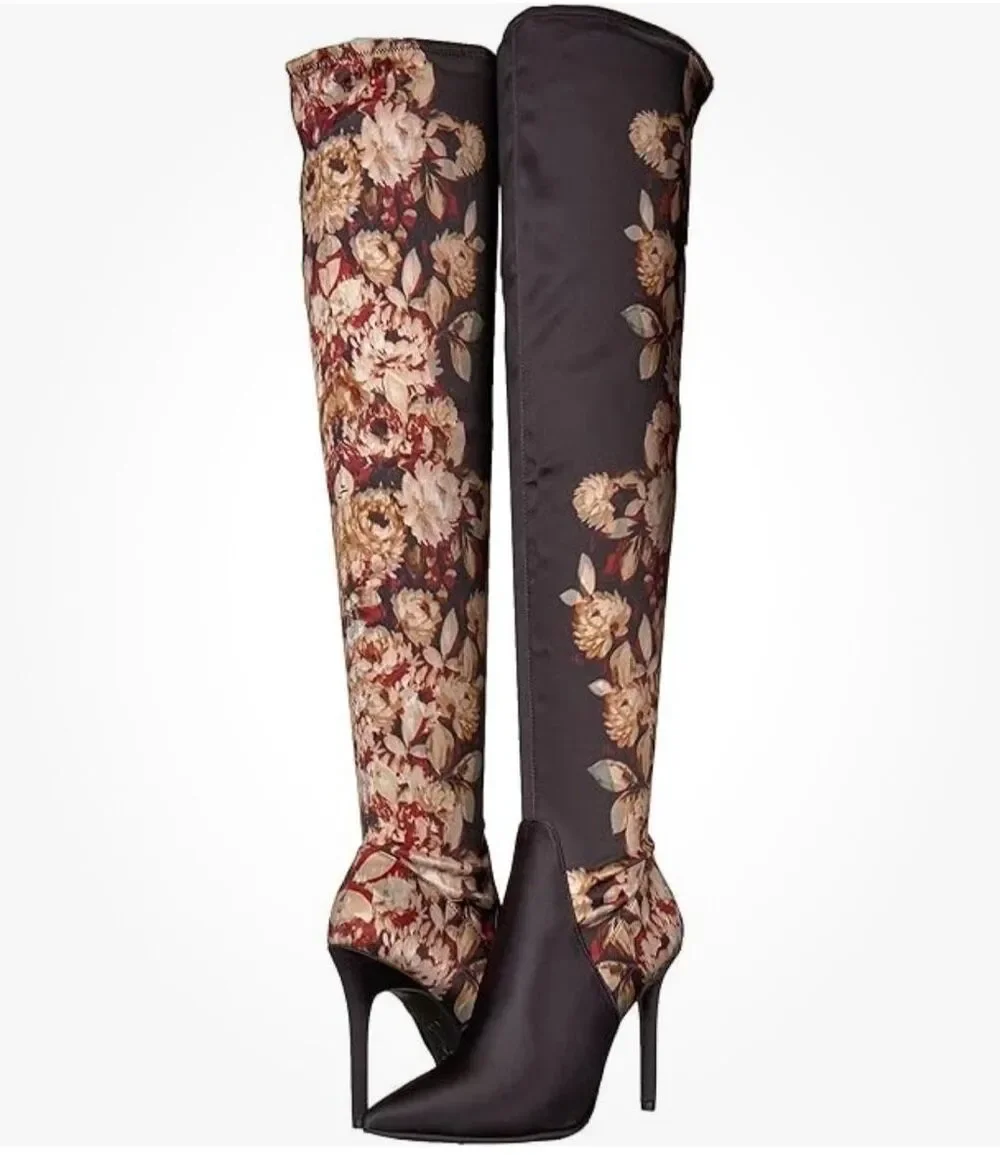 Jessica Simpson Over The Knee Stretch Black Floral Stiletto 4” Heel Size 6 Black